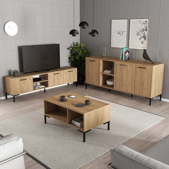Mezza MEZZA AURORA (METAL AYAKLI) TV ÜNİTESİ - ORTA SEHPA - KONSOL SETİ SEPET RENGİ SET 1596-2086-1636