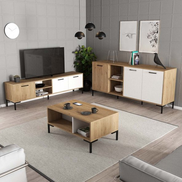 Mezza MEZZA AURORA (METAL AYAKLI) TV ÜNİTESİ - ORTA SEHPA - KONSOL SETİ SEPET - BEYAZ SET 1594-2084-1634