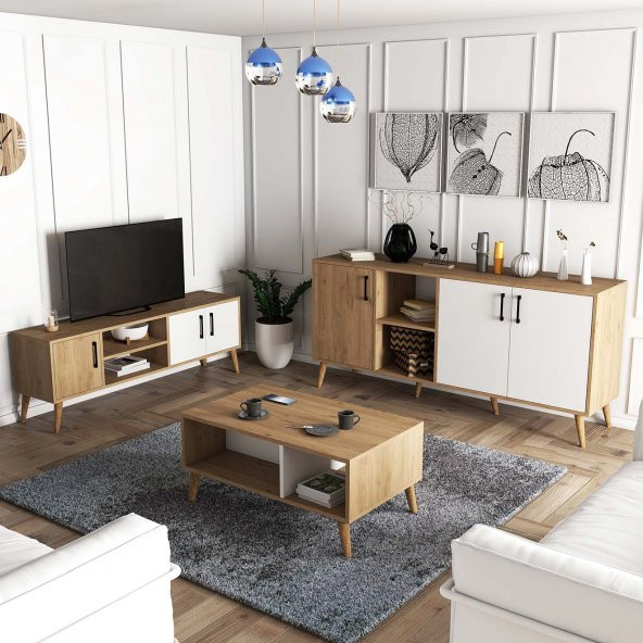 Mezza MEZZA EXXEN (AHŞAP AYAKLI) TV ÜNİTESİ - ORTA SEHPA - KONSOL SETİ SEPET - BEYAZ SET 1584-2074-1624
