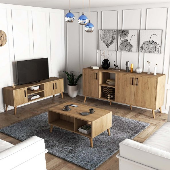 Mezza MEZZA EXXEN (AHŞAP AYAKLI) TV ÜNİTESİ - ORTA SEHPA - KONSOL SETİ SEPET RENGİ SET 1586-2076-1626