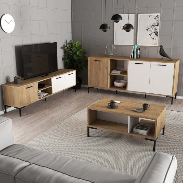 Mezza MEZZA AURORA (METAL AYAKLI) TV ÜNİTESİ - ORTA SEHPA - KONSOL SETİ SEPET - BEYAZ SET 1594-2084-1634 - 2
