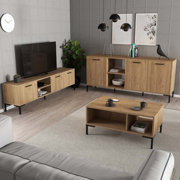 Mezza MEZZA AURORA (METAL AYAKLI) TV ÜNİTESİ - ORTA SEHPA - KONSOL SETİ SEPET RENGİ SET 1596-2086-1636 - 2