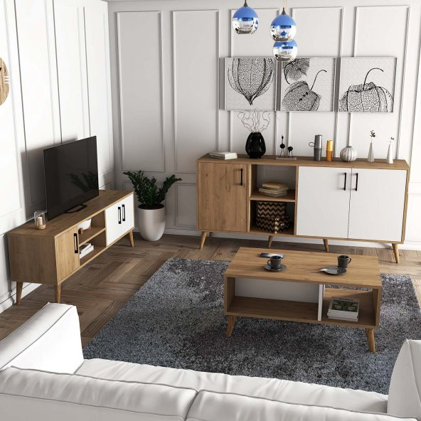 Mezza MEZZA EXXEN (AHŞAP AYAKLI) TV ÜNİTESİ - ORTA SEHPA - KONSOL SETİ SEPET - BEYAZ SET 1584-2074-1624 - 2