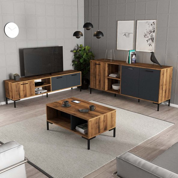 Mezza MEZZA AURORA (METAL AYAKLI) TV ÜNİTESİ - ORTA SEHPA - KONSOL SETİ HAT - ANTRASİT SET 1590-2080-1630