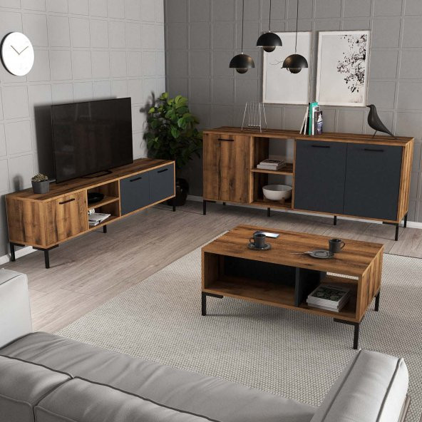 Mezza MEZZA AURORA (METAL AYAKLI) TV ÜNİTESİ - ORTA SEHPA - KONSOL SETİ HAT - ANTRASİT SET 1590-2080-1630 - 2