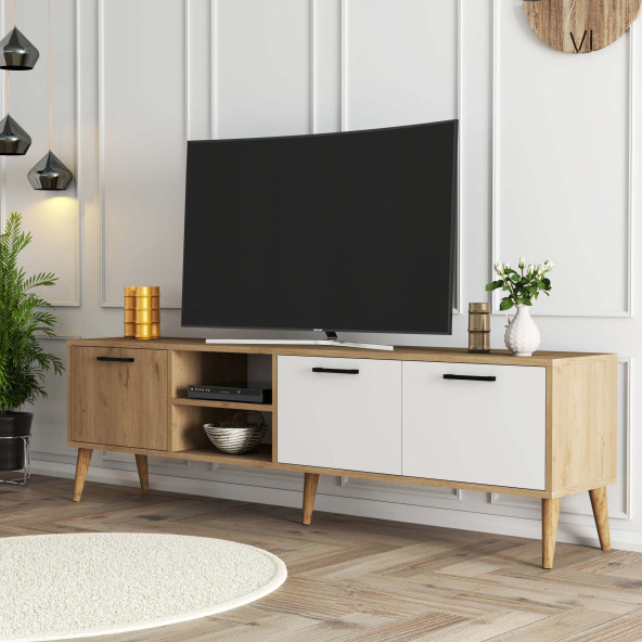 Mezza Exxen 180 cm (Ahşap Ayaklı) Tv Ünitesi Sepet-Beyaz 1585