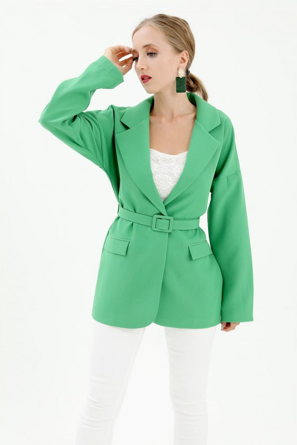 Düşük Omuz Kemerli Atlas Kumaş Blazer Ceket - Yeşil - 2