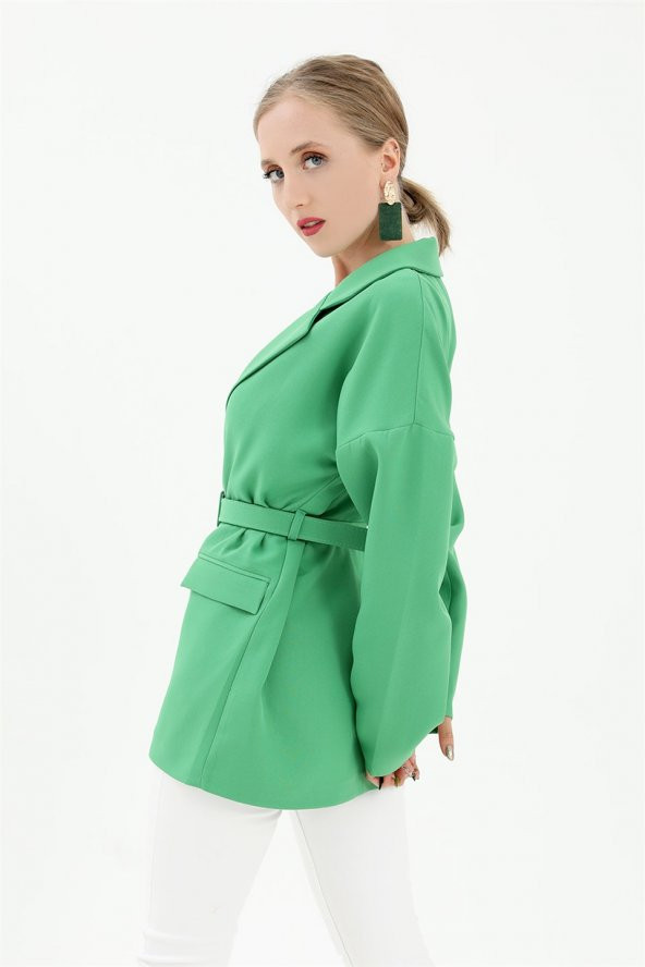 Düşük Omuz Kemerli Atlas Kumaş Blazer Ceket - Yeşil - 4
