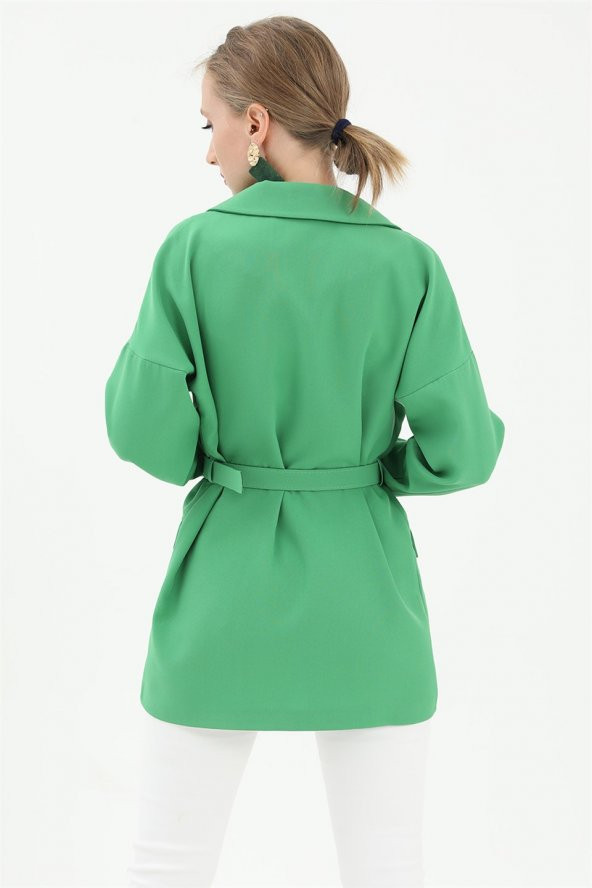 Düşük Omuz Kemerli Atlas Kumaş Blazer Ceket - Yeşil - 5