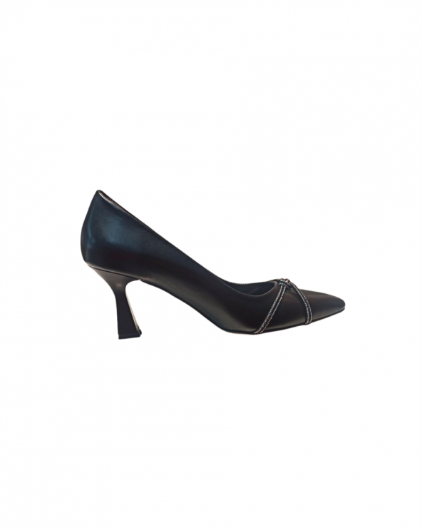 Ceylanlar Ayakkabı HB401 Zn Kadın Siyah Cilt  Çarpraz Çift Düğümlü Taşlı 9 Pont Topuklu Ayakkabı