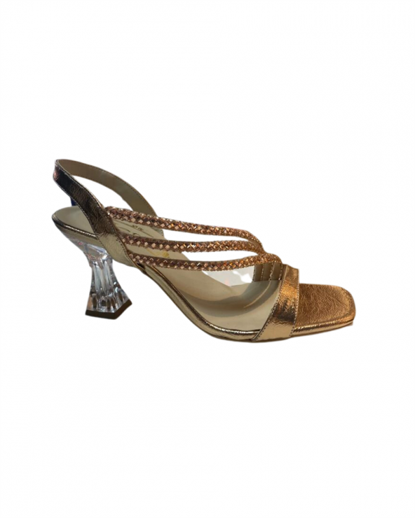 Miss Jena 330K. Kadın Altın Çarpraz 3 Şerit Taşlı Yüksek Topuklu Ayakkabı