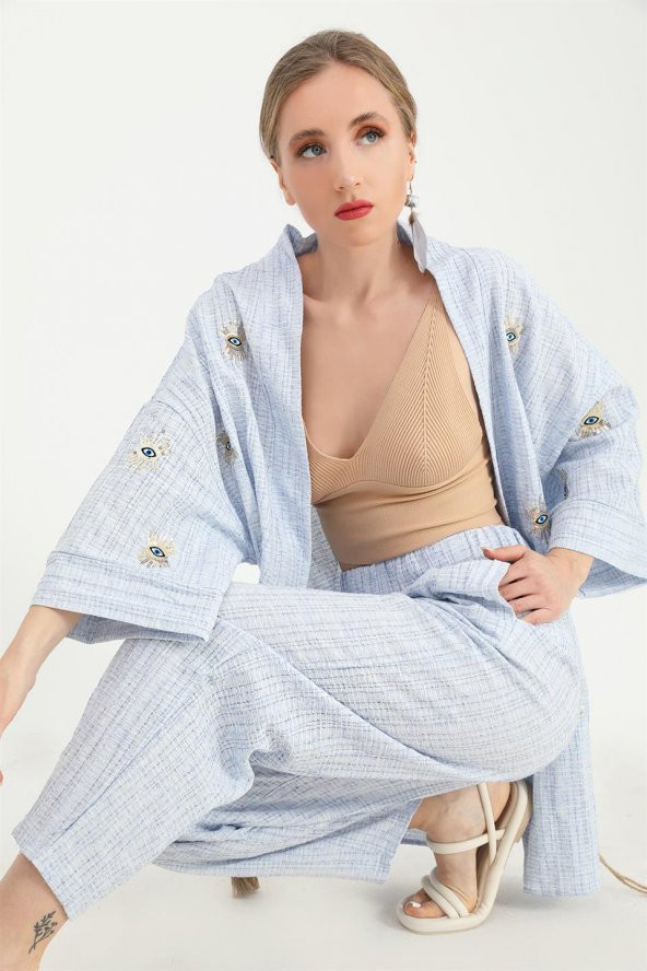 Keten Kimono Takım Göz Nakışlı - Mavi