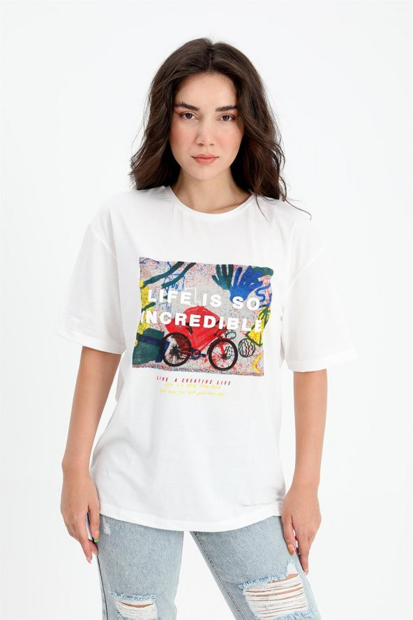 T-shirt Bisiklet Yaka Desenli Kabartma Yazılı - Ekru