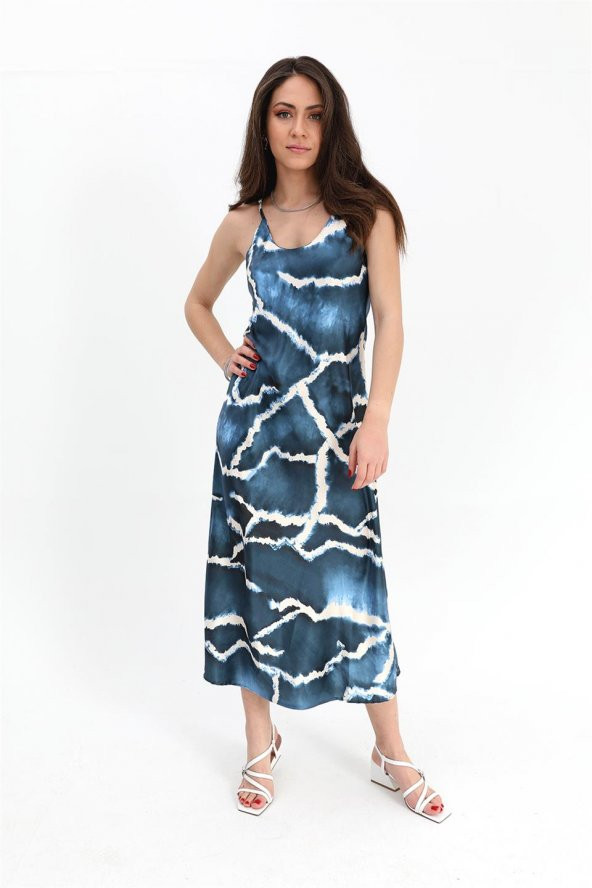 Elbise Ayarlanabilir Askılı Desen Saten - Mavi