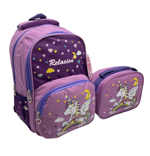 Relaxion Lila Unicorn İlkokul Çantası Beslenme Çantalı 1340-14