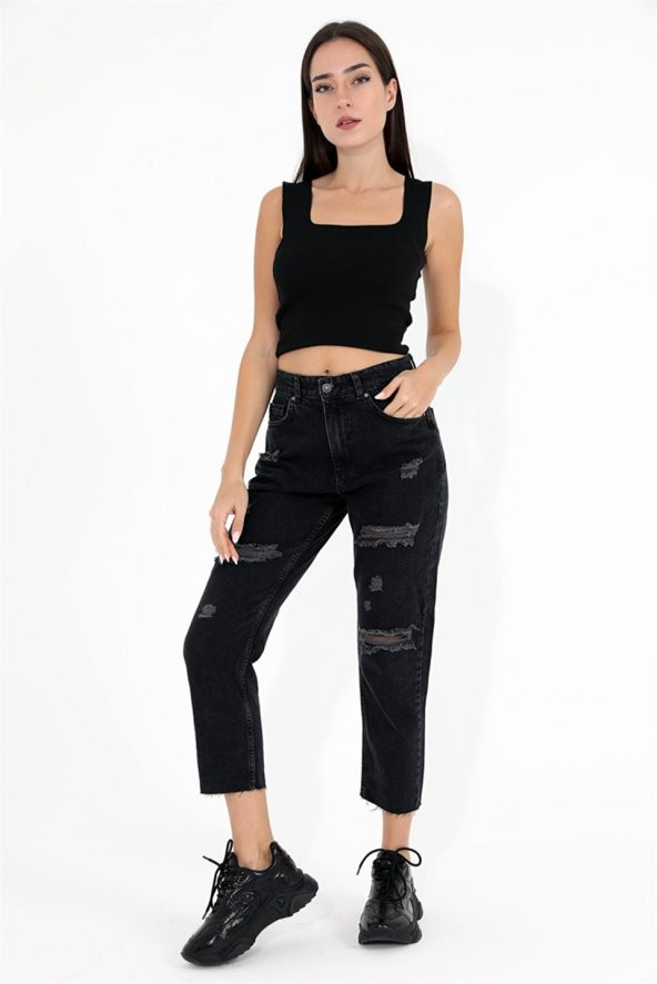 Saat Cepli Parçalı Kadın Denim Pantolon - Siyah