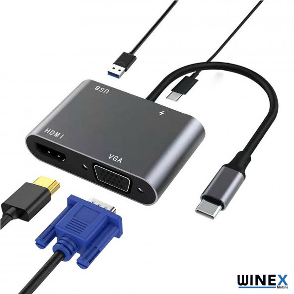 Winex 4in1 Type-C to HUB PD 100W+HDTV+VGA+UsbA Dönüştürücü Adaptör - 3