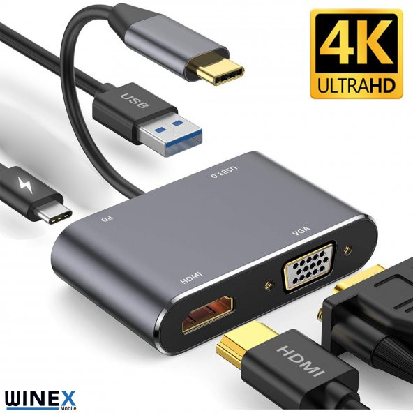 Winex 4in1 Type-C to HUB PD 100W+HDTV+VGA+UsbA Dönüştürücü Adaptör - 4