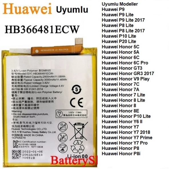 Day Huawei P9 HB366481ECW 3000 mAh Batarya Pil Orijinal Kalite Uzun Ömürlü Yüksek Kapasite - 6