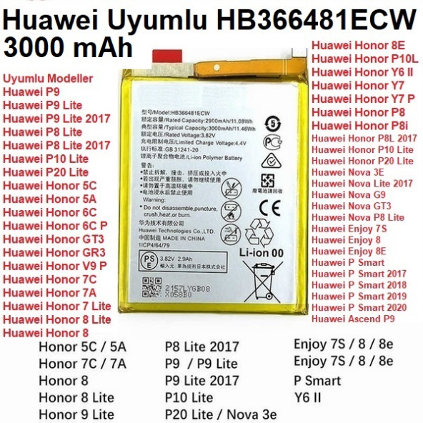Day Huawei Enjoy 7S HB366481ECW 3000 mAh Batarya Pil Orijinal Uzun Ömürlü Yüksek Kapasite