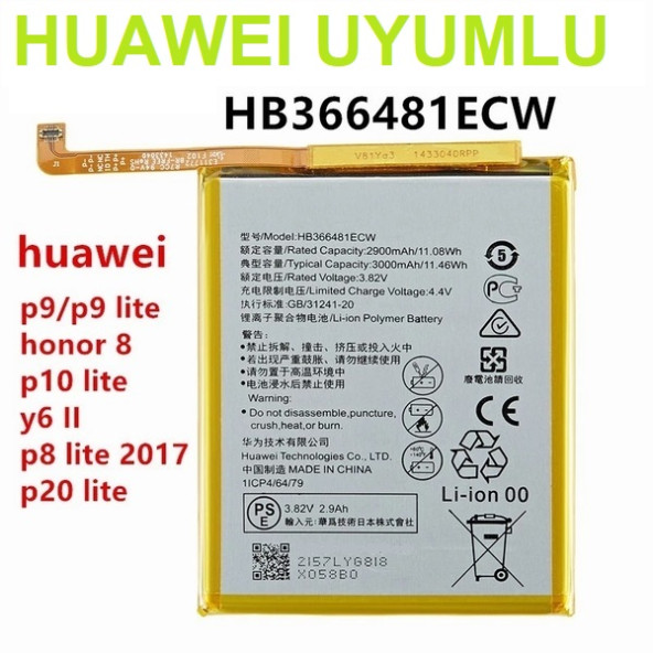 Day Huawei Honor 8 HB366481ECW 3000 mAh Batarya Pil Orijinal Uzun Ömürlü Yüksek Kapasite