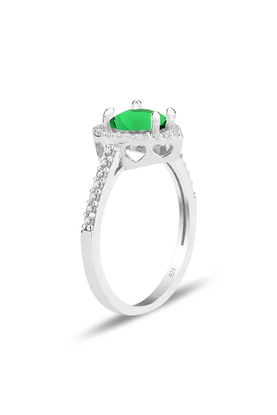 Gümüş rodyumlu yeşil taşlı pırlanta montürlü Kalp modeli yüzük SGTL12081YESIL - Resim 2