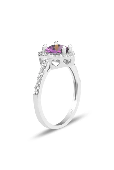 Gümüş rodyumlu ametis taşlı pırlanta montürlü Kalp modeli yüzük SGTL12081MOR - Resim 2