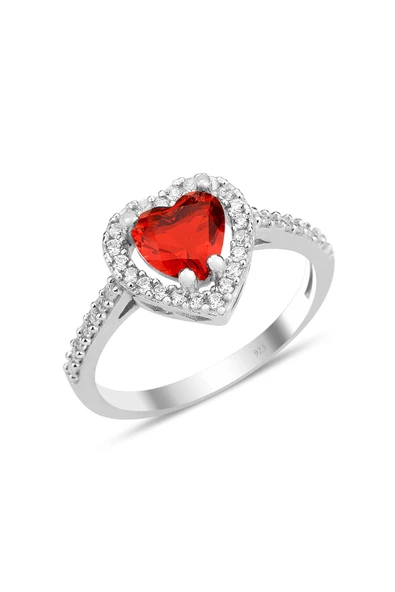 Gümüş rodyumlu kırmızı taşlı pırlanta montürlü Kalp modeli yüzük SGTL12081KIRMIZI ürün görseli
