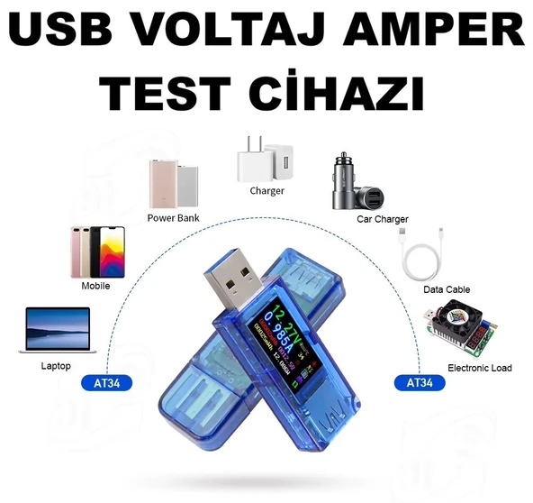 Gaqqee AT34 USB 3.0 renkli LCD Voltmetre ampermetre gerilim akım ölçer multimetre pil şarj Power Bank USB Test Cihazı ürün görseli 1