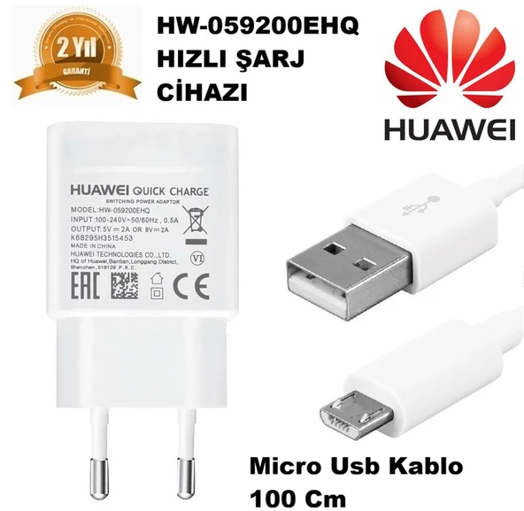 3.0 Qualcomm Huawei HW-059200EHQ Şarj Aleti + Micro Usb Kablo %100 Orjinal 18W 9.0V 2 Amper ürün görseli 1