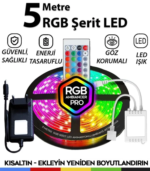 Şerit Led 5 Metre Animasyonlu Tak Çalıştır Kumandalı Trafolu Rgb Şerit Işık Aydınlatma Parti Led ürün görseli 1