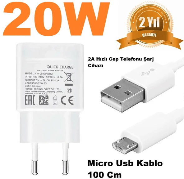 20W 2A Micro USB Tüm Cep Telefonlarını Hızlı Şarj Eder (2 YIL İTHALATÇI GARANTİLİ) ürün görseli 1