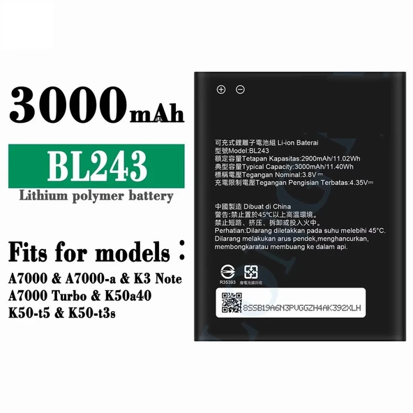 Lenovo BL243 Model K3 Note Batarya Pil 3.8V 2900mah Lithium Battery BL243 ürün görseli 1