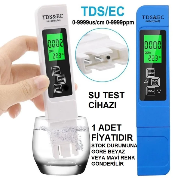 Tds & Ec Metre LCD Ekranlı LED Işıklı Taşınabilir Su Kalite Analiz Cihazı (MAVİ VEYA BEYAZ RENK)