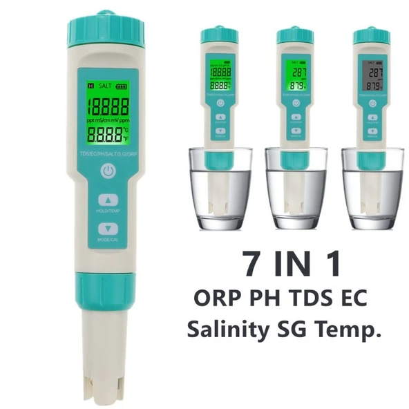 JQ008 PH Ölçer Su Kalitesi - 7in1 PH/TDS/EC/ORP/Tuzluluk/Sıcaklık / Deniz Suyu Ağırlık