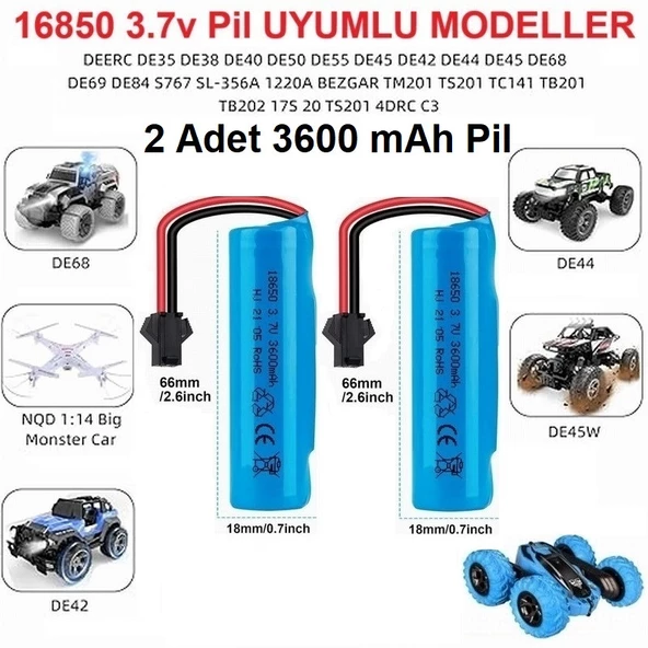 2 ADET Siyah Soketli Oyuncak Araba Pili 3600 mAh 3.7V 18650 Li-Ion 18Mm X 66Mm ürün görseli 1