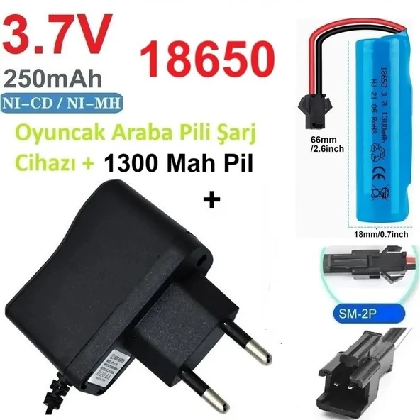 Day Oyuncak Araba Pili Şarj Cihazı + 1 ADET 1300 mAh 3.7V 18650 Li-Ion Pil