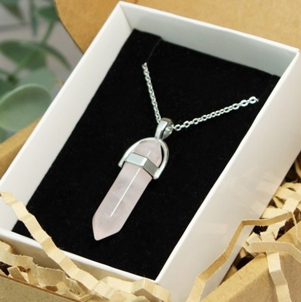 DAY Kuvars Pembe Doğal Aşk Taşı Çivi Kolye ucu Erkek& Kadın Kolye (Hediye Kutulu) ürün görseli 1