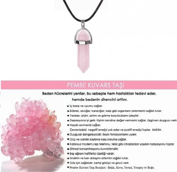 DY Kuvars Pembe Doğal Aşk Taşı Çivi Kolye ucu Erkek& Kadın Kolye (Hediye Kutulu) ürün görseli 1