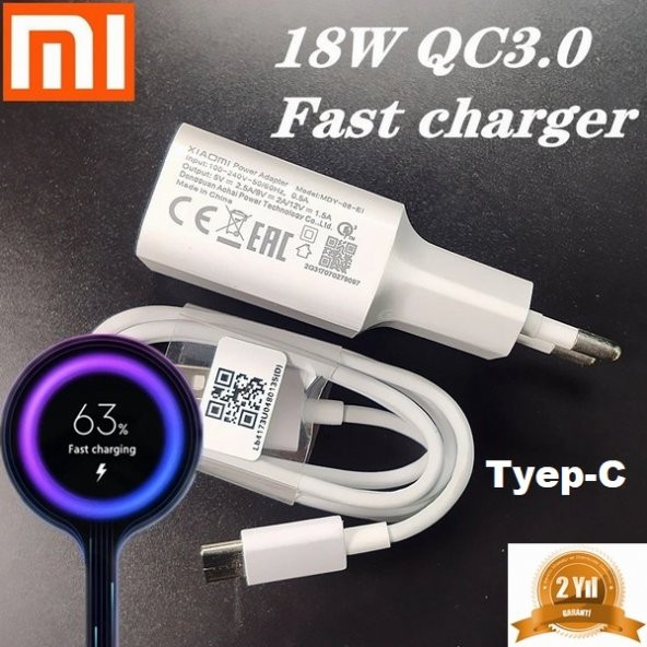 Orjinal Xiaomi Mi 10T Type-C Data Kablo ve 18W 2A MDY08EO Hızlı Şarj cihazı