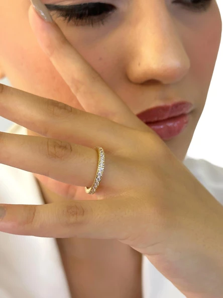 Pırlanta Montür Düz Kesim Suyolu Zirkon Tamtur 14 Ayar Altın Yüzük - Resim 5