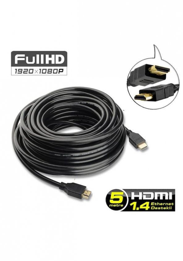 5M Metre Hdmi - Hdmi Kablo Altın Uçlu 3D V1.4B Full Hd