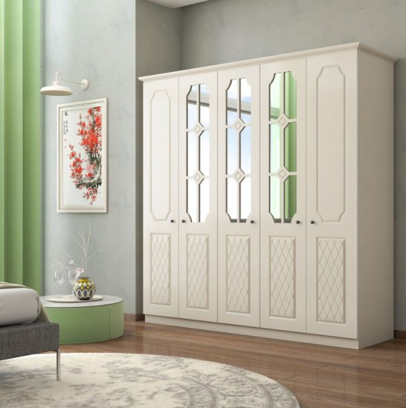Zenio Aspendos 5 Kapaklı Aynalı Beyaz Gardrop - 2