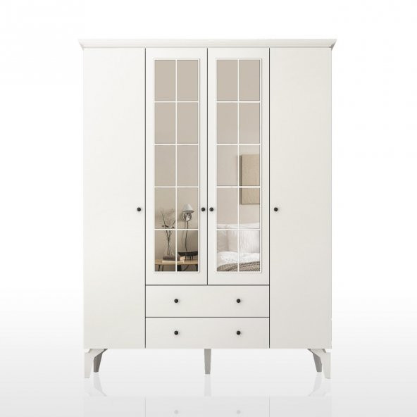 Zenio Patara Plus 4 Kapak 2 Çekmeceli Yüksek Ayaklı Gardırop Beyaz - 2