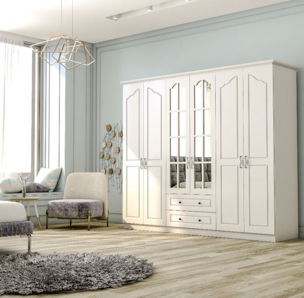 Zenio Assos Diamond 6 Kapaklı 2 Çekmeceli Gardırop - Aynalı - 2