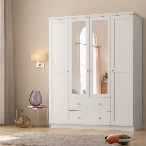 Zenio Side 4 Kapaklı 2 Çekmeceli Aynalı Gardırop - Beyaz - 2