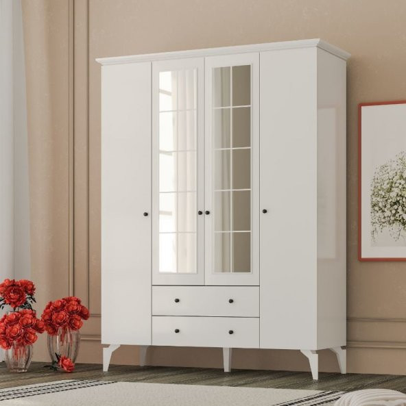 Zenio Patara Plus 4 Kapak 2 Çekmeceli Yüksek Ayaklı Gardırop Beyaz - 3