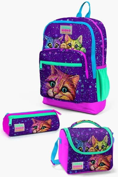 Coral High Kids Mor Pembe Kedi Desenli 3’lü Okul Çanta Seti