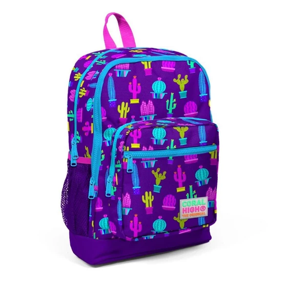 Coral High Kids Mor Pembe Kaktüs Desenli 3'lü Okul Çanta Seti - Resim 2