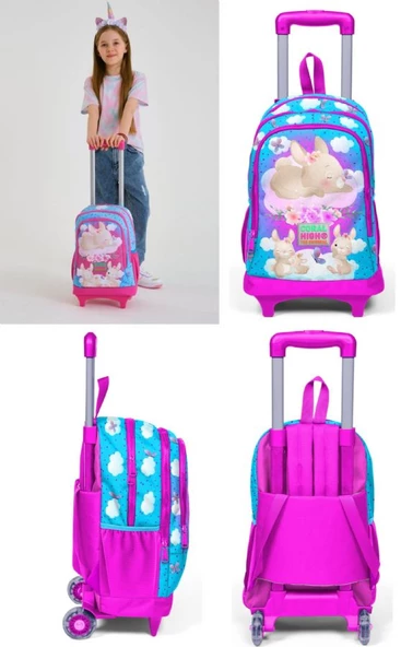 Coral High Kız Çocuk Mavi Pembe Tavşan Tekerlekli Okul Çantası ve Kalemlik Seti - Resim 3